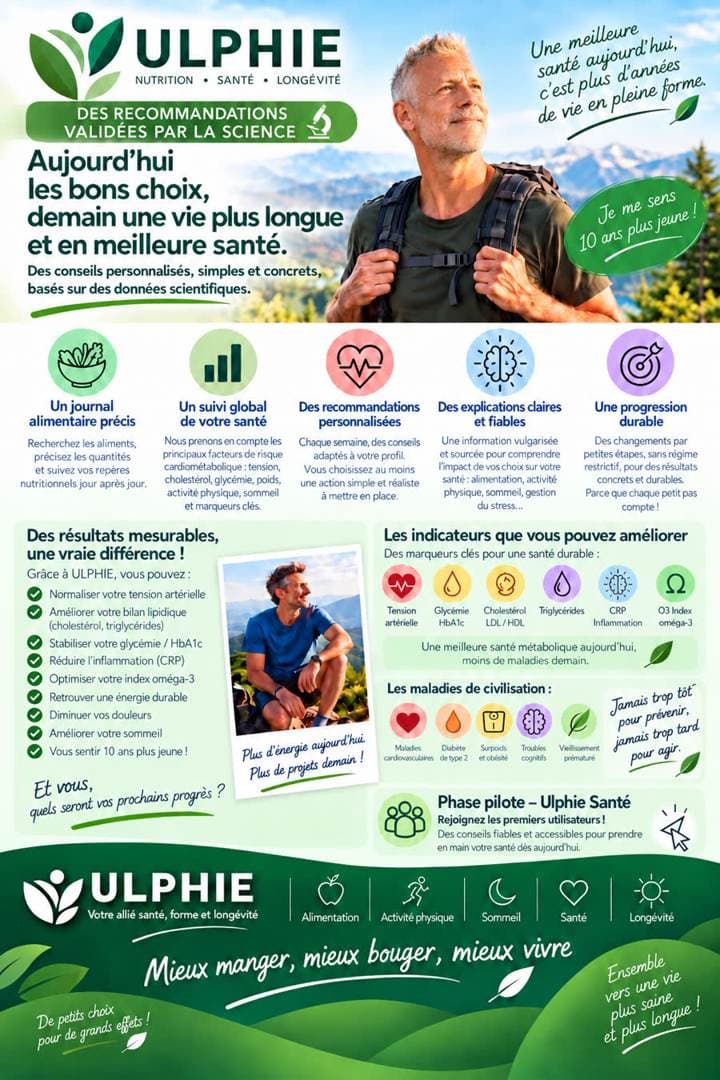 Plaquette Ulphie : nutrition, santé et longévité, avec une cycliste en VTT dans la petite photo centrale